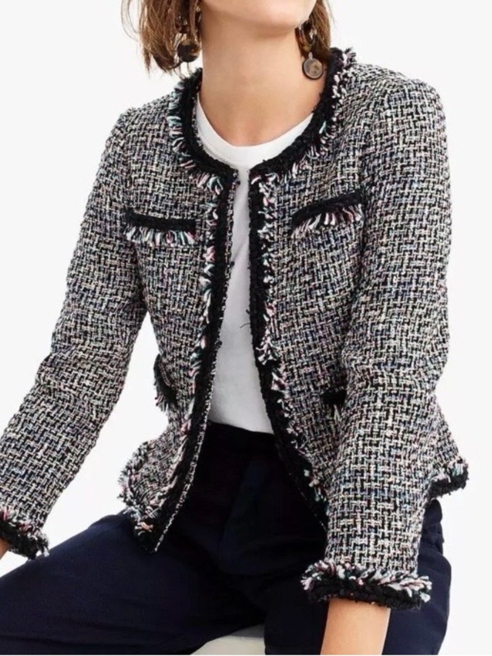 J. Crew Black Multi Tweed Fringe Open-Front Jacket